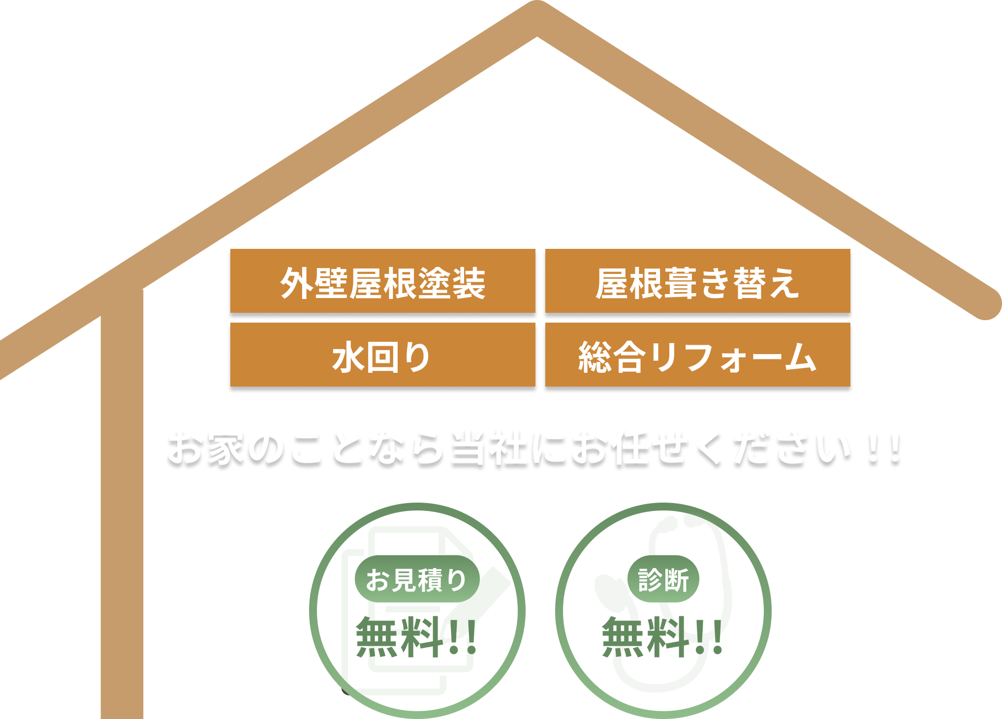 外壁屋根塗装、屋根葺き替え、水回り、お家の事なら当社にお任せください！！お見積もり無料、診断無料